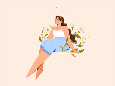 🌸 2d adobe flat floral composition flowers graphic design green illustration inspiration nature photoshop short sitting spring summer texture thinking woman
