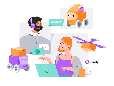 Dropify - Customer Support Illustration ai art branding client support creative art customer support delivery design designing with illustration drawing graphic design illustration iot management qclay robo delivery smart delivery startup illustration support support service