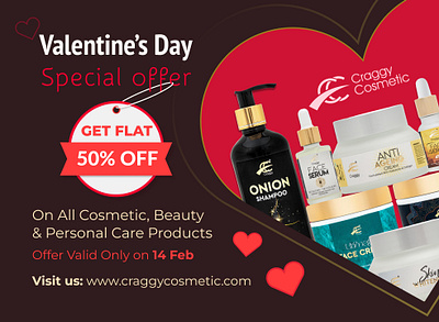 Valentine's Day special discount offer for a Cosmetic Brand branding brown cosmetic cream discount face figma flat discount graphic design heart mega offer offer products red serum shampoo skincare special ui valentines