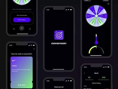Curiodyssey App animation app black blockchain crypto dark design finance fintech game purple ui