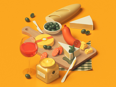 Cheese 2d 3d art brie cheese cheese board dinner food illustration isometric lunch modeling picnic plate render spread still life vector wine wood