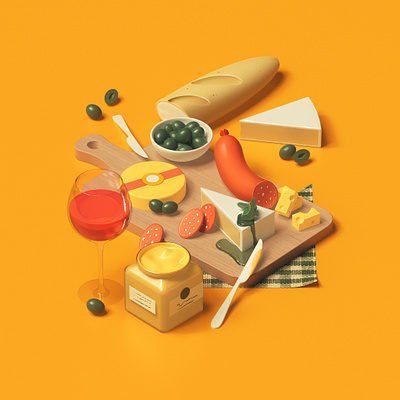 Cheese 2d 3d art brie cheese cheese board dinner food illustration isometric lunch modeling picnic plate render spread still life vector wine wood