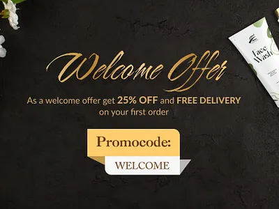 Welcome Offer banner for a Cosmetic Website - CraggyCosmetic banner black branding dark design discount figma gold graphic design herbal horizontal mockup offer photoshop products promocode sale skincare ui welcome