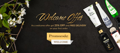 Welcome Offer banner for a Cosmetic Website - CraggyCosmetic banner black branding dark design discount figma gold graphic design herbal horizontal mockup offer photoshop products promocode sale skincare ui welcome