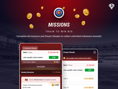 Dream11 - Missions branding cricket fantasy gamification graphic design habit marketplace missions rewards sports streaks ui