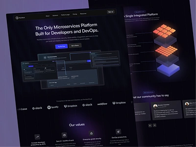 Nucleus Cloud: Dark Mode UI & Illustration Redesign clean dark dark mode design developers gradient home page illustrations kubernetes landing page microservices minimal modern product image saas saas website ui uiux website