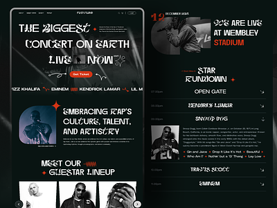 Festvland - Music Concert Website app band black bold brutalism concert dark design dj eminem festival festival land gig landing page rap snoop dog ui ux