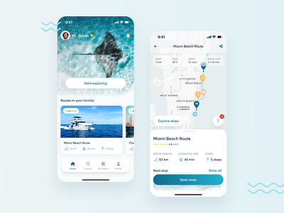 🛥️ Boat rental app concept - exploring routes app blue boat design drower map marine mobile ocean product design rental renting route sea stingray turquoise ui ux