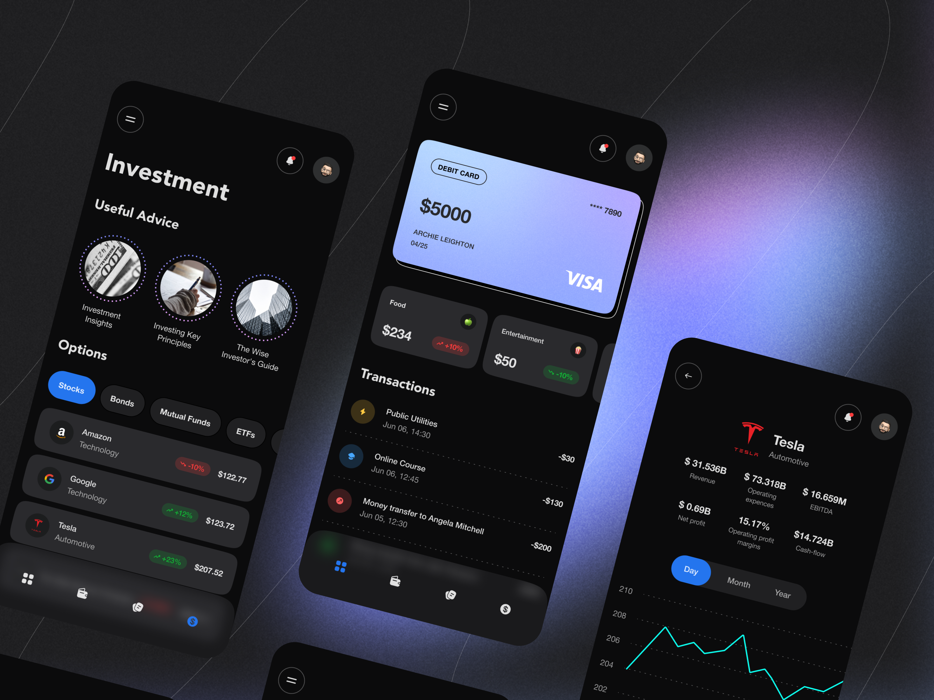 Finance app 2d app bank banking clean dark design finance gotoinc investment mobile money ui