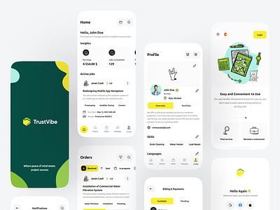 TrustVibe Job Search App analytics app design concept design freelance home illustration interface login logo minimal onboarding orders profile project services sign up ui ux work