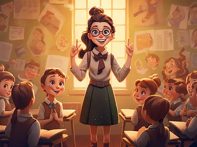The teacher leads a lesson for the pupils in the classroom illustration