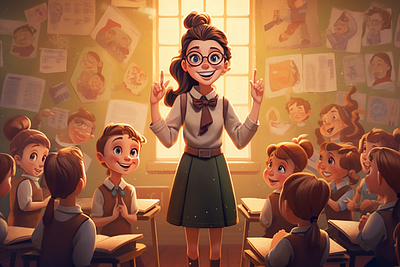 The teacher leads a lesson for the pupils in the classroom illustration
