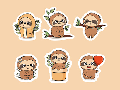 Cute baby sloths stickers baby baby sloth birthday cartoon cute cute sloth funny holiday illustration kid lazy sloth vector wild zoo