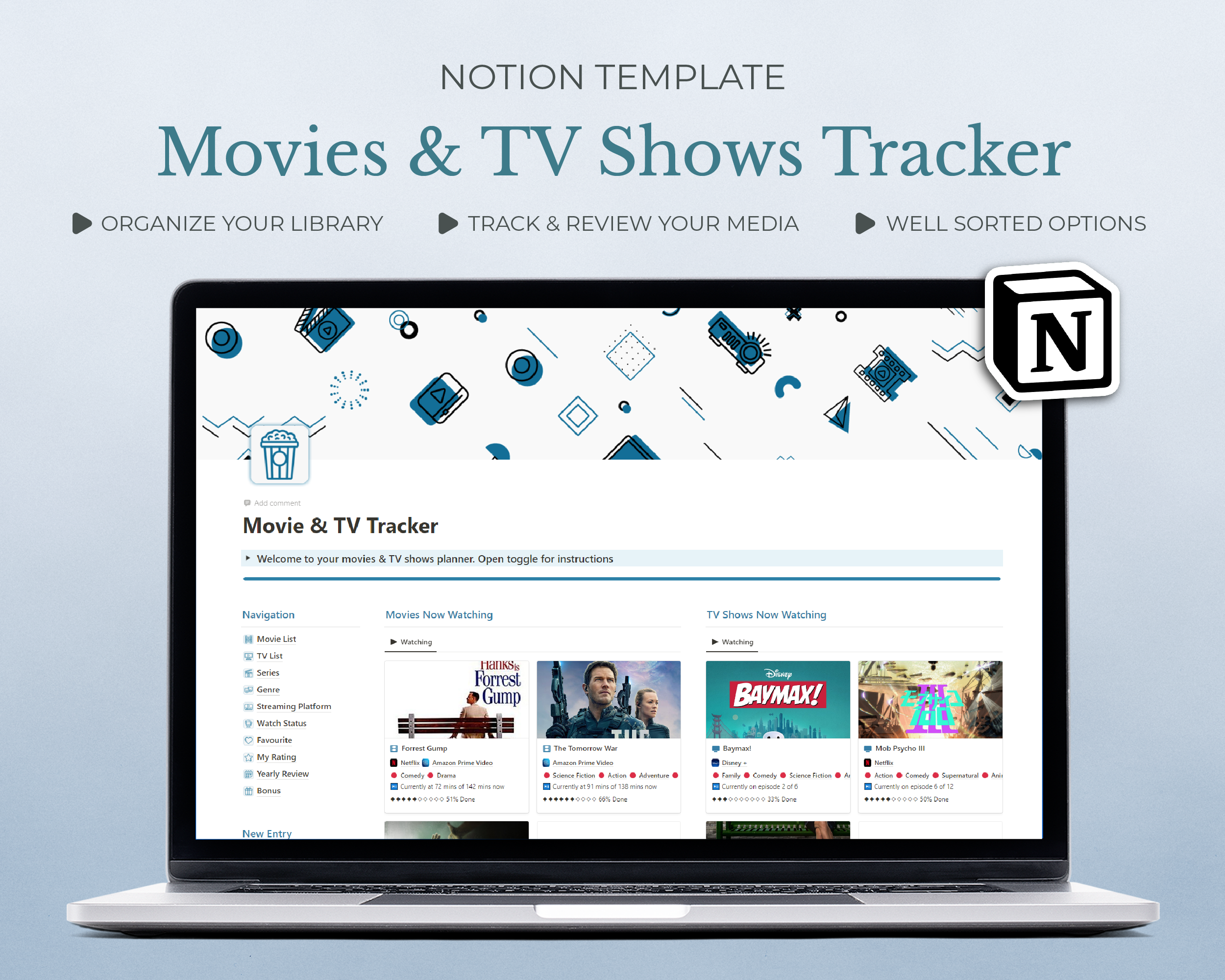 FREE, Watchlist Notion Template, Anime, TV & Movie Tracker