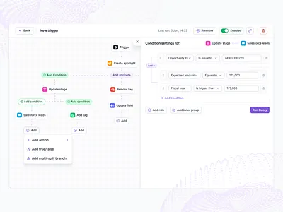 Condition settings (trigger creation) ai artificial intelligence automation automation worklfow chatgpt condition crm filter filtering fitlers flow builder form builder funnel logic builder query builder query filter trigger trigger setup triggers workflow