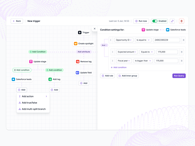 Condition settings (trigger creation) ai artificial intelligence automation automation worklfow chatgpt condition crm filter filtering fitlers flow builder form builder funnel logic builder query builder query filter trigger trigger setup triggers workflow