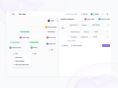 Condition settings (trigger creation) ai artificial intelligence automation automation worklfow chatgpt condition crm filter filtering fitlers flow builder form builder funnel logic builder query builder query filter trigger trigger setup triggers workflow