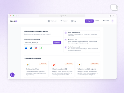 Referral Program ai writer b2b credits earn product design refer refer earn refer and earn referral program saas ui uiux ux uxdesign