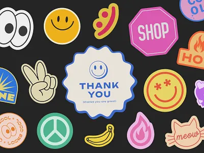 Thank You Y2K Stickers Project. 90s abstract art background cartoon cool design emoji funky groovy illustration logo patch pattern retro sticker thank you trendy ui y2k