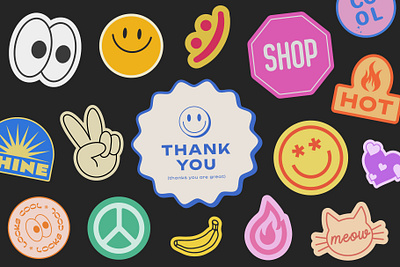 Thank You Y2K Stickers Project. 90s abstract art background cartoon cool design emoji funky groovy illustration logo patch pattern retro sticker thank you trendy ui y2k