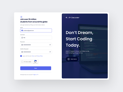 Decoder - Coding classes platform create account design form log in login minimal new account onboarding online classes register sign up signup ui ui ux web design website