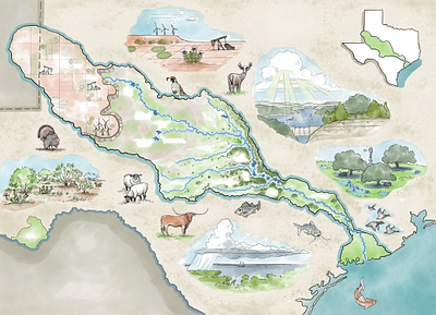 Texas Colorado River Watershed Map Illustration digital environmental illustrated map illustration landscape sketch pencil watercolor watershed wildlife sketch