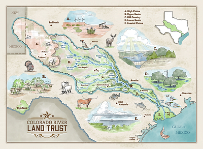 Texas Colorado River Watershed Illustrated Map Formatted brochure design digital environmental illustrated map illustration landscape illustrations pencil watercolor watershed map wildlife sketch