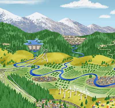 Environmental Scene: Mountains, reservoirs, river valley, power agriculture birds eye illustration digital energy environmental hydroelectric illustration imaginary landscape mining mixed media mountains river valley wind power