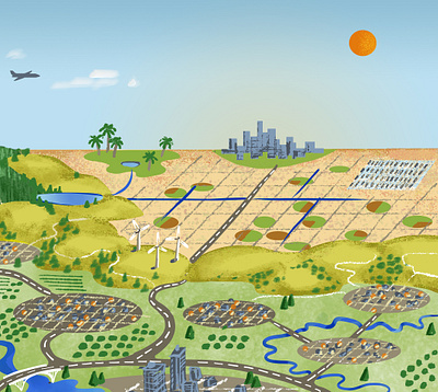 Environmental Illustration: Desert Scene agriculture desert desert city digital environmental illustration multi media oasis solar power water supply