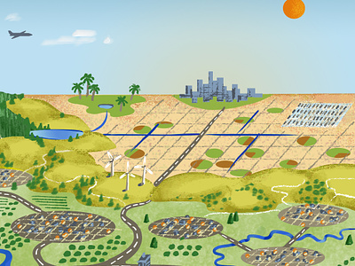 Environmental Illustration: Desert Scene agriculture desert desert city digital environmental illustration multi media oasis solar power water supply