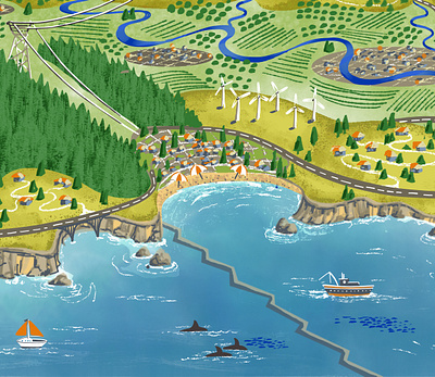 Environmental Illustration: Coastal and Marine Scene beach coastal communities digital environmental faults fishing illustration maritime mixed media oceanography pacific ocean sailing wind energy