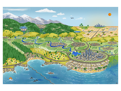 Environmental Illustration - Birds-eye view agriculture birds eye climate change coastal dam desert digital energy environmental estuaries illustration landscape mixed media mountains natural hazards ocean reservoir river solar wetlands