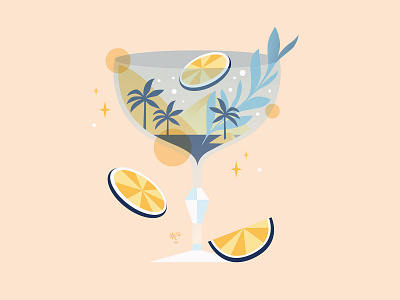 Cocktail & Beach adobe illustrator beach blue digital art food illustration illustration lemon nature art palm tree summer vector art yellow