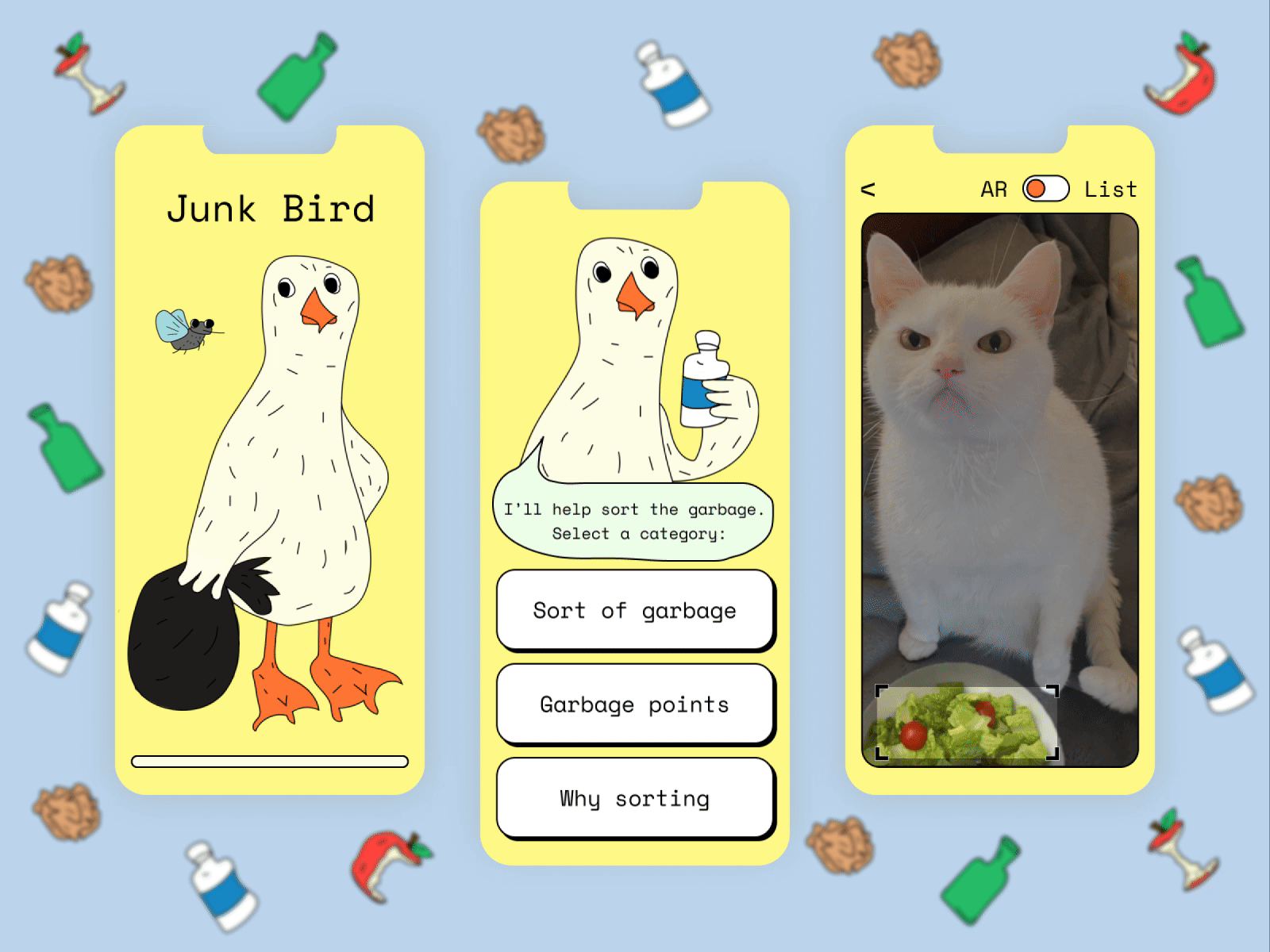Junk Bird - AR App animation app ar augmented reality bird character creative design digital fun graphic design illustration mobile app motion product ui ui ux user interface ux yellow