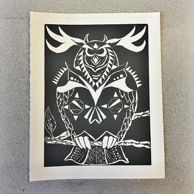 Warrior Owl Mono-print black and white drawing graphic design monoprint owl