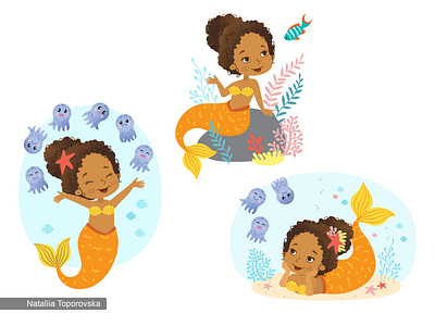 Mermaids of african-american ethnicity afro ariel cartoon ch cha character children book illustration illustration mermaid vector