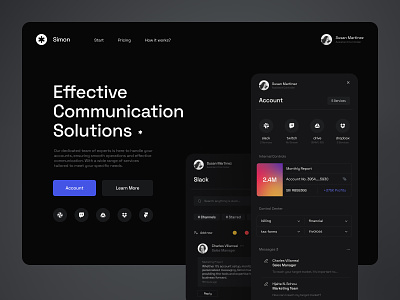 Simon - Communication Solutions account clean dark design drive dropbox interaction landing light manage manager message minimal platform slack ui user interface web website