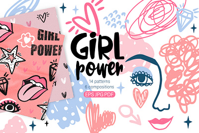 Girl power. Seamless patterns and compositions abstract background creative design eyes fabric feminism girl graphic design heart love pattern power seamless vector