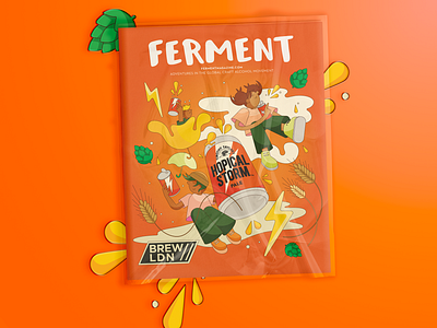Ferment Magazine Brew LDN Edition Editorial Illustration beer branding beer graphic design beer illustration benerage branding beverage graphic design beverage illustration branding can design character design colorful craft beer craft beverage editorial illustration flavor notes food illustration hoppy illustration line art magazine cover orange