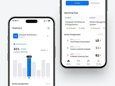 Educational App → Teacher Side active assignment attend business app campus app chart class detail course detail educational app mobile mobile app dashboard mobile app design product kit reschedule saas statistics stats student list student presence upcoming class