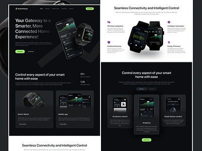 SmartHaven - Smart Home Landingpage analytics apple clean clean dark dark style dark watch design download home iot landingpage smart smarthome smartwatch solutions tracking ui dark uiux web vektora web