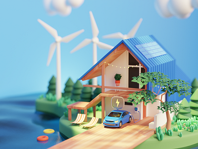 Smart Cabin 3D Illustration 3d animation app cabin car cozy dribbble electric environment green hotel illustration lake renewable smart solar panel travel ui website windmill