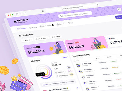 Orelypay Finance Management Dashboard application card custom dashboard finance icon illustration list minimalist modern orely people request send service style transactions ui design wallet web application