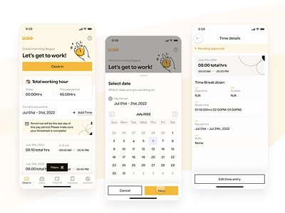 Paie Mobile - Request attendance app attendance clock in crm employee hour hr hrm ios management motion graphics payroll saas salaries time time track ui ux workforce working