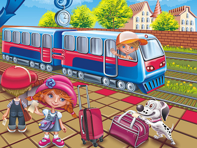 Railway station blue children collection freelance girl illustration railway station train vector