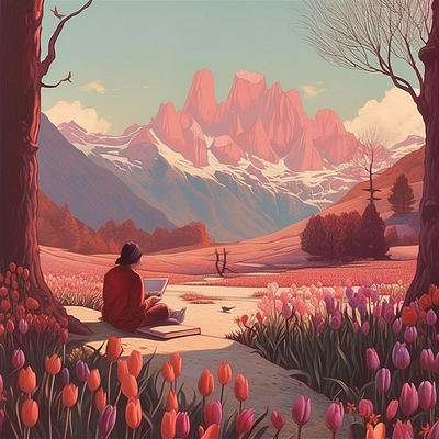 Studying in a Field of Tulips Illustration animation design illustration