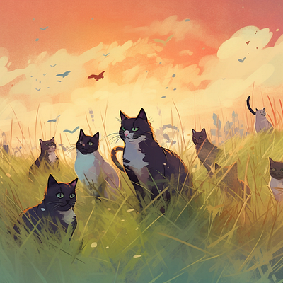 A Group of Cats Exploring Nature Illustration design illustration