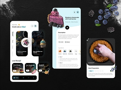 Food Recipe App Design app design appetizers black theme cooking app desserts food recipe app home cooking incre learn cooking mobile app design rec recipe book recipe learning app recipes spaghetti uiux user interface