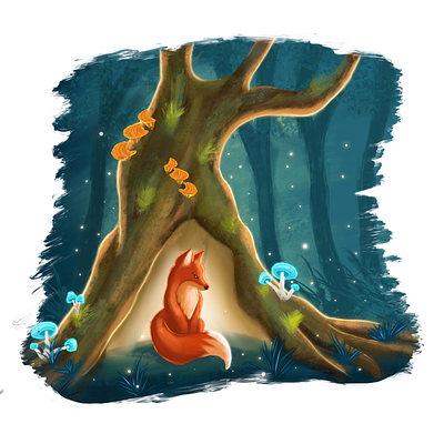 Luminous Shelter adobe illustrator design designs drawing forest fox illustration night starry
