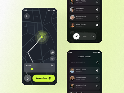Location Tracking App 📍 app app design dark theme destination find friends gps green interface ios location map mobile mobile app mobile app design social media tracker tracking trendy ui ux
